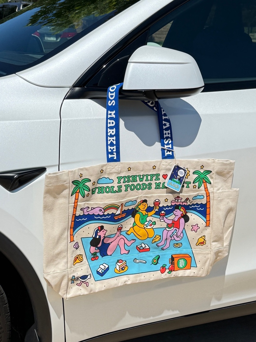 Canvas Tote Bag with Beach Illustration - Cream